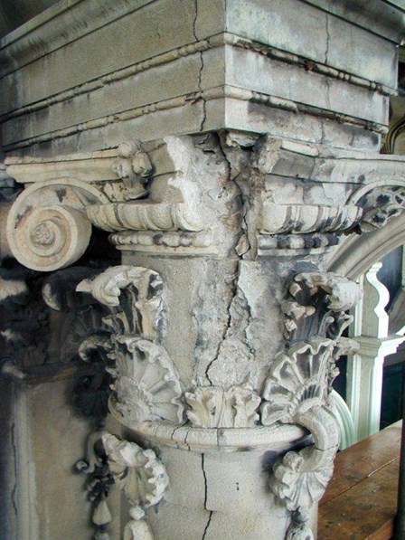 Masonry cracks on the decorative facade at Austins Department store, Derry, Northern Ireland