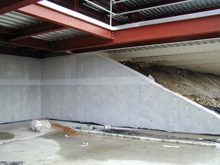 New build basement; cavity drain waterproofing system, with membrane visible on retaining walls, at Strabane, Co. Tyrone, Northern Ireland