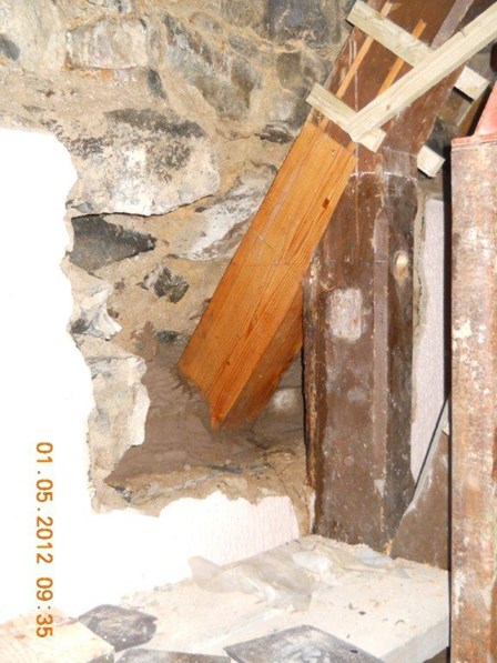 The timbers affected with wet rot have been removed from the existing trusses, and a new portion of timber spliced on, using timber resin splice repair method, at Dunamore, Cookstown, Co. Tyrone, Northern Ireland