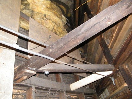 Cables were used to realign and lift the timber trusses, which had moved due to the wet rot decay, at Falkirk, Stirlingshire, Scotland