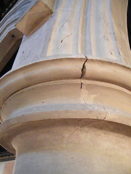 Cracks evident in stone column; columns were resin injected to improve the structural stability at Cookstown, Co. Tyrone, Northern Ireland
