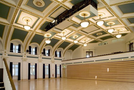 The finished hall, after woodworm and wet rot was eradicated, at Ballymena Town Hall, Ballymena, Co. Antrim, Northern Ireland