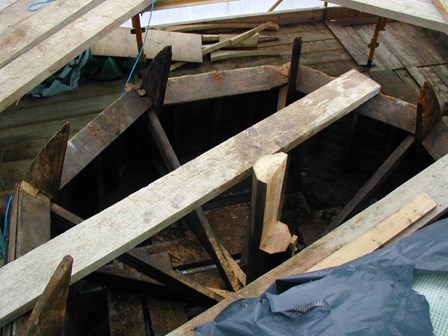 The portion of the timber flagpole, affected by wet rot has been removed, at Ballymena Town Hall, Ballymena, Co. Antrim, NI