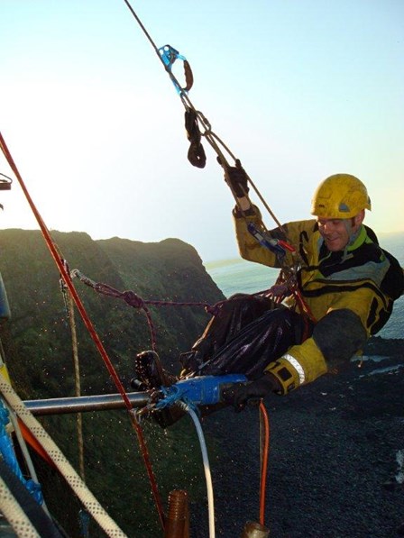 The cliff and castle are inaccessible by conventional means: all structural repairs, diamond drilling and Cintec anchors were installed by rope access (abseiling), at Dunluce Castle, Co. Antrim, NI