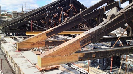 The dry rot has been removed, and the trusses repaired using a timber resin splice method at First Derry Presbyterian Church, Londonderry, NI