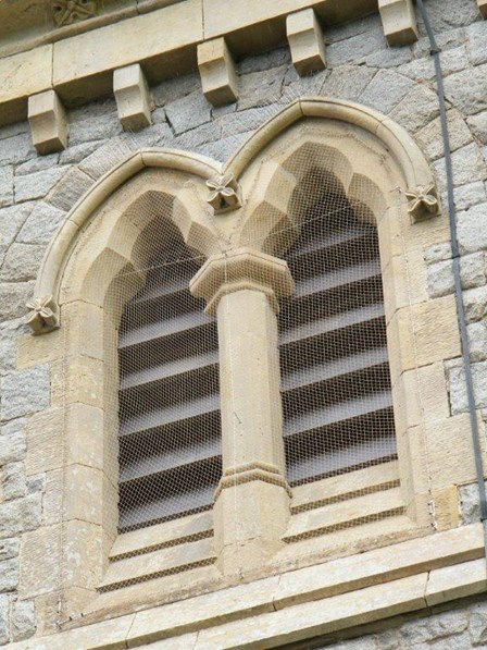 Bird netting at windows, Drumbanagher Church of Ireland, Newry, Co. Down, NI