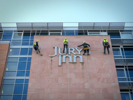 Structural repairs carried out by our rope access (abseiling) team, at Jury's Inn, Liverpool, England