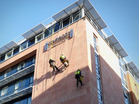 Our rope access team carrying out structural repairs at Jury's Inn, Liverpool, England