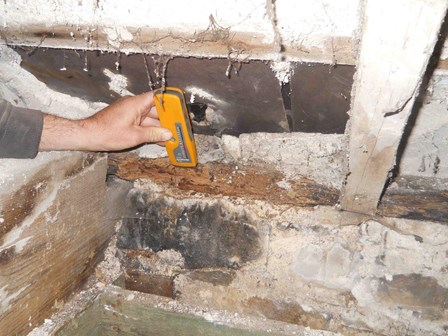 The surveyor uses an electronic damp meter to determine the moisture content of timbers affected by wood rot, at Richhill Castle, Co. Armagh, Northern Ireland, NI